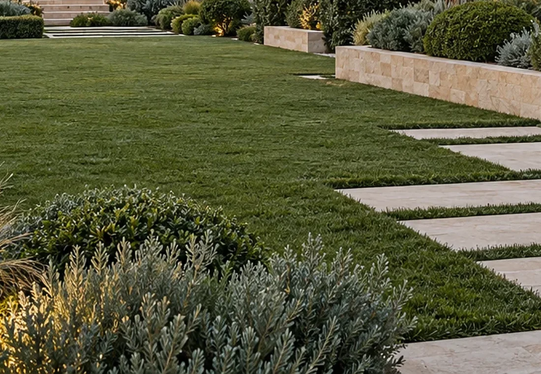 Stepping stones through a clipped lawn