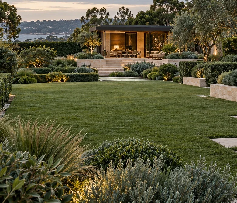 A lawn leading to a pavilion framed by planting