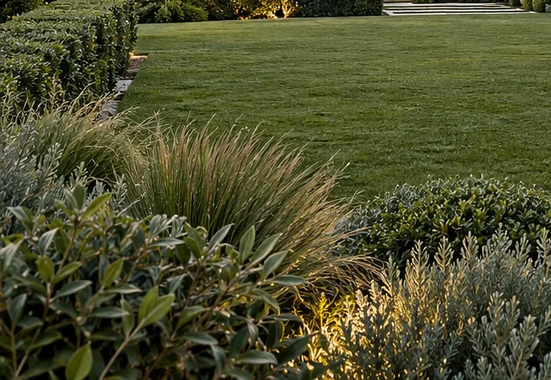 Layered native grasses and shrubs lit at dusk
